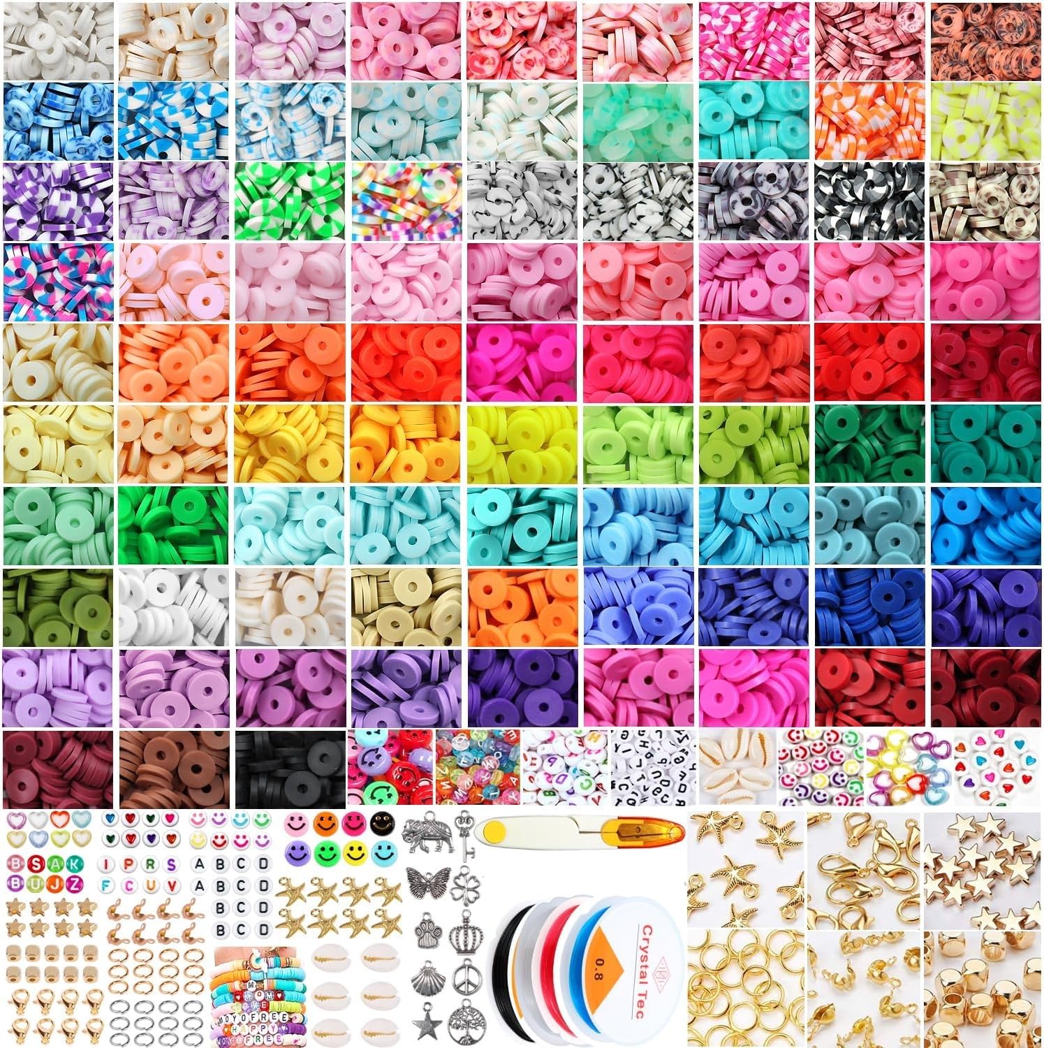 IMKRC Clay Beads Bracelet Making Kit with 120 Colors and 12000 Beads Including 4 Rolls of Elastic Strings, Snipping Tool and Jewelry-Making Accessories, Heishi Beads, Polymer Clay Beads (5mm)