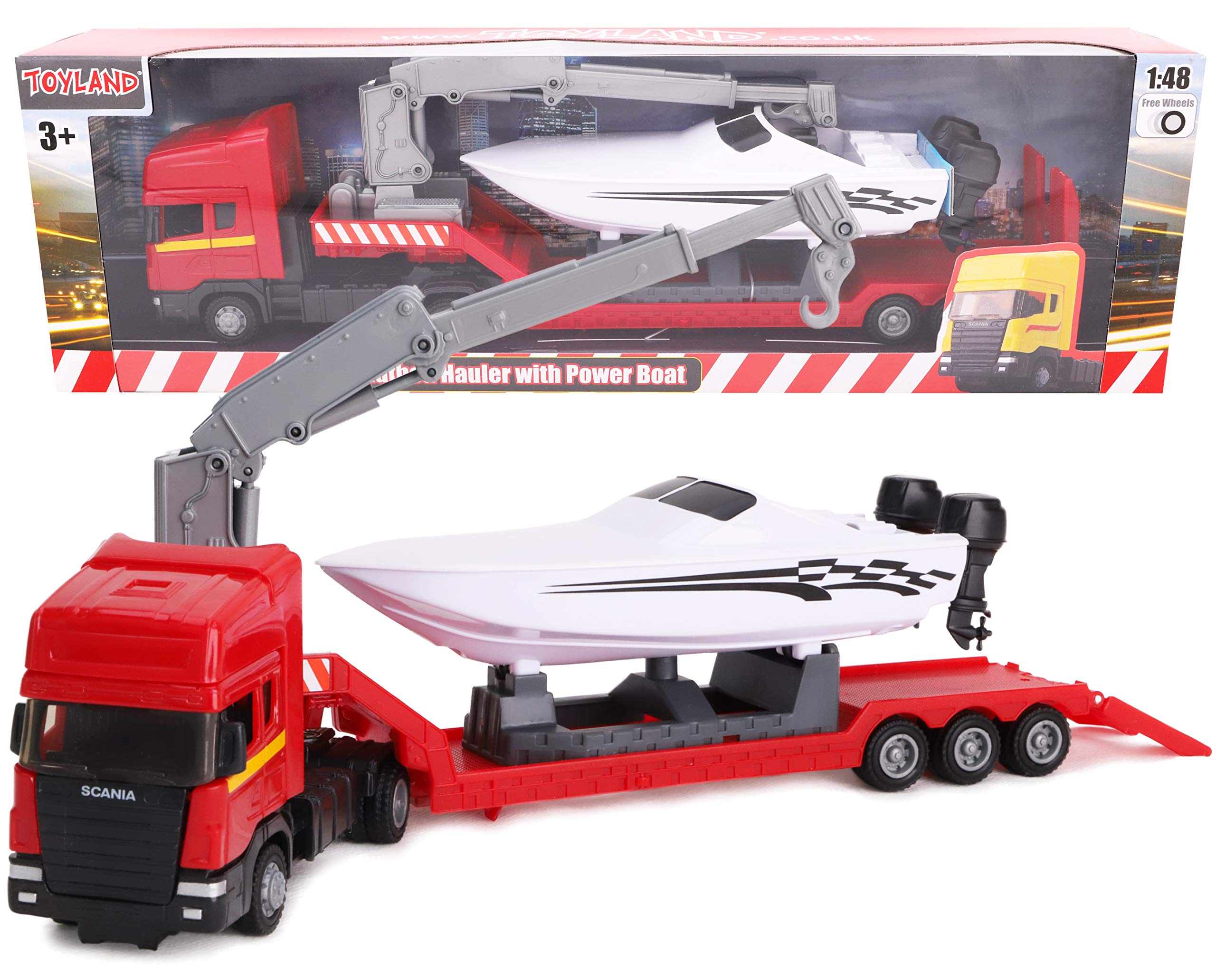 Toyland® Scania Flatbed Hauler Transporter Truck With Power Boat - 1:48 Scale - Free Wheel (Red Truck)