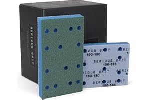 Serious Grit - 3" x 5" (80x133mm) Foam Sanding Pads - P150-180 Med Fine Finish Grit - 1/2" Thick Low Density Foam - Hook & Loop - Fits Festool RTS 400 & Mirka DEOS 3x5 Sanders – Made in USA – 10 Pack