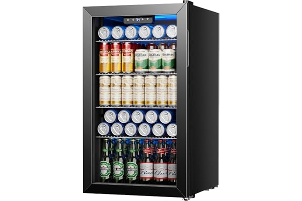 Icyglee Beverage Refrigerator and Cooler, 126 Can Mini fridge with Glass Door, Beverage Cooler with Digital Temperature Display & Adjustable Shelves for Soda Beer or Wine, NEW Black, 3.2Cu.ft