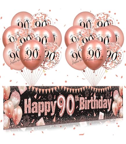90. Geburtstag Deko-Set – Rose Gold Mit Blumen-Hintergrund, Banner & Ballons – Für Partys & Feiern