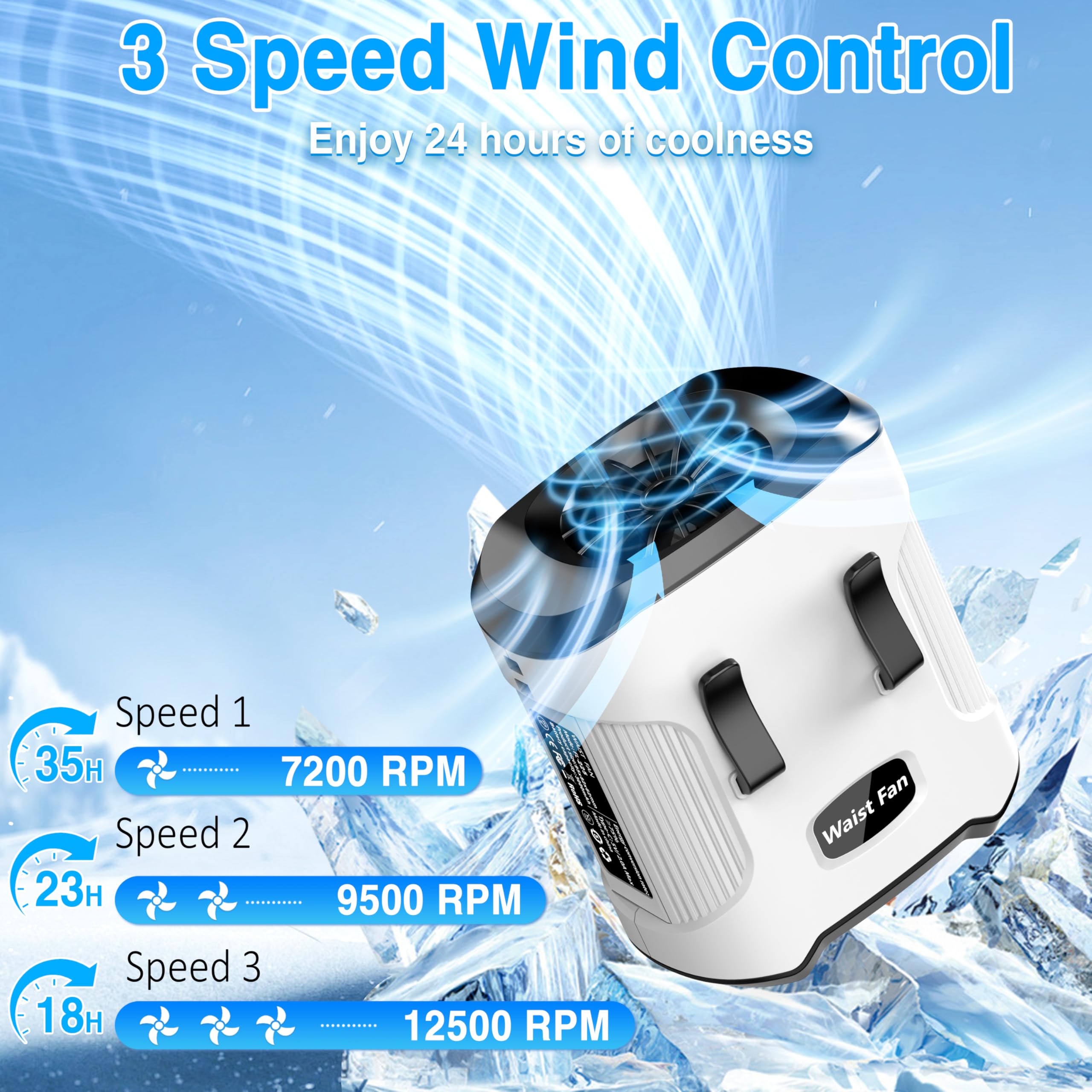 Sunoony Waist Fan Clip on Shirt Belt Body Wearable Hand-Free Rechargeable Battery Powered Fan with 3 Speed & Flashlight Cooling Portable Neck Fan for Outdoor Camping Travel