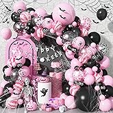 Halloween Balloon Arch Kit 98Pcs Pink and Black Balloon Garland with Ghost Eye Pink Agate Balloons 3D Bat Spider Cobweb for Trick or Treat Day of the Dead Spooky Boo Haunted House Party Decorations