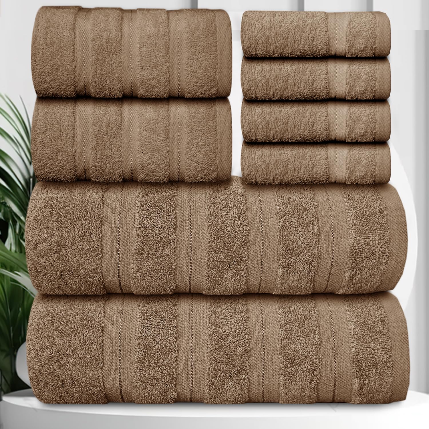 Casabella Premium Quality 8 Pc Set Truffle Towel Set 100% Combed Cotton 650 GSM Towels Set-2 Bath Towels, 2 Hand Towels, 4 Wash cloths, Highly Absorbable 8 Pc Truffle Towel bale Sets