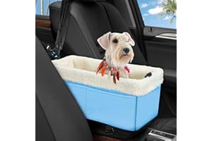 WENRENER Dog Car Seat for Small Dogs, Center Console Dog Car Seat with Metal Frame & Double Protection Seat Belts, Pet Booster Seat with Safety Leash and Storage Pocket for Pets Dogs Cats, Light Blue