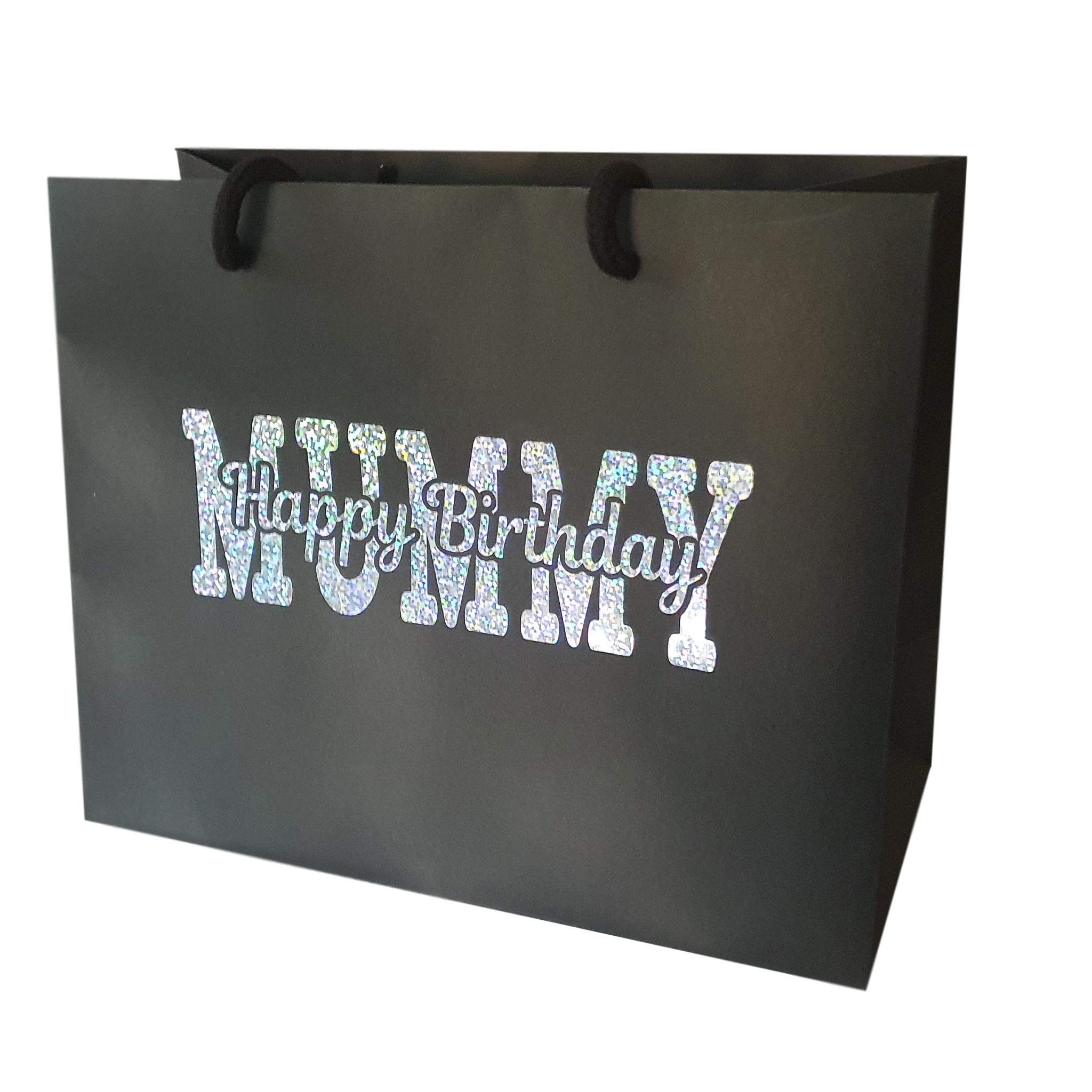 Mummy Happy Birthday Gift Bag - Holographic Glitter Gift Wrap Bag with Rope Handles and Tissue Paper (Large)