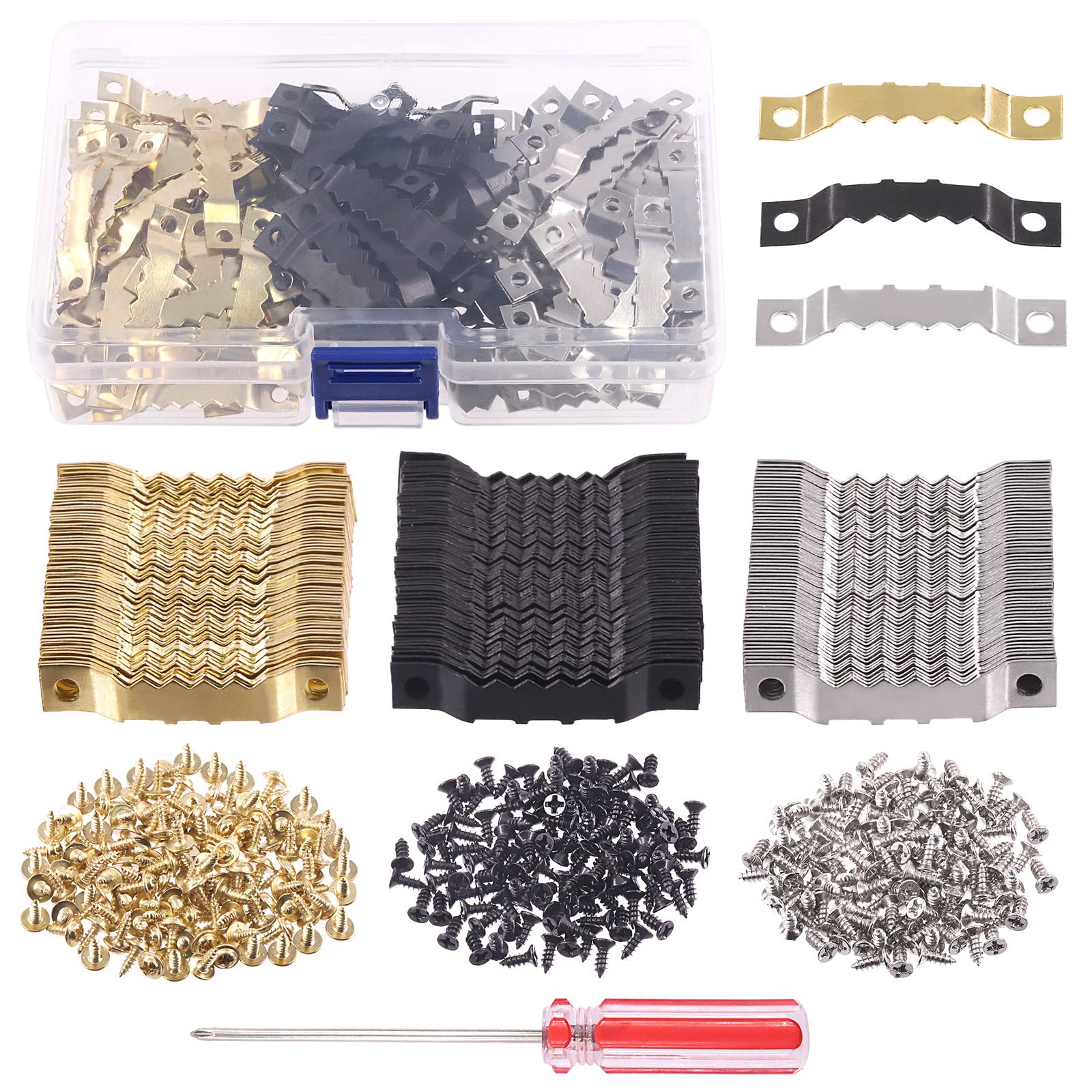 Swpeet 540Pcs Sawtooth Picture Frame Hanging Hangers Double Hole with Screws and Screwdriver, for Home Decoration Creative Picture Frame Hanging (Mixed Color)