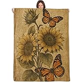 WKEDIN Vintage Sunflower and Butterfly Blanket,50x60in,Cozy Flannel Throw with Rustic Sepia Toned Monarch Butterflies Design,Soft Lightweight Gifts Blankets for Women,Sofa Bed Travel Farmhouse Decor