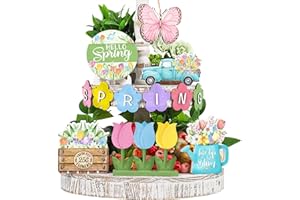 AUGISTEEN 12 PCS Spring Tiered Tray Decor Hello Spring Wooden Tabletop Decor Flower Butterfly Tiered Tray Decor Watercolor Tulip Truck Wood Sign for Spring Farmhouse Holiday Party Decor