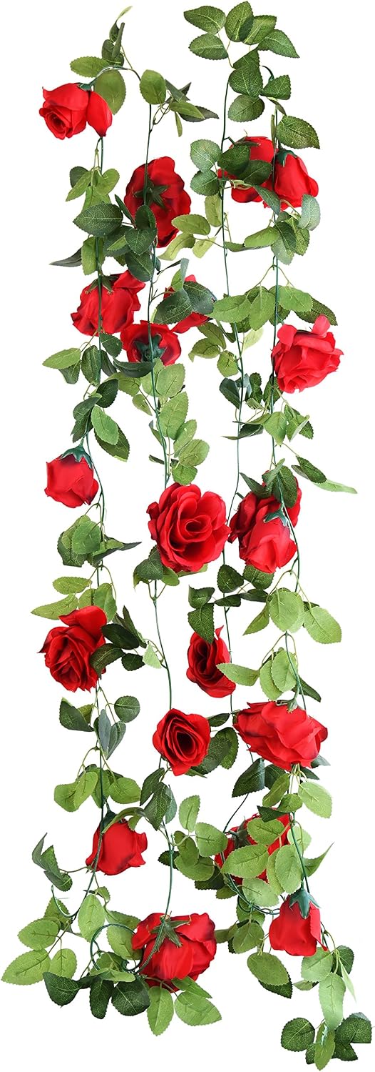 FiveSeasonStuff Red Artificial Rose Garlands, Set of Two Silk Flower Vines