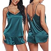 RSLOVE Women V Neck Sexy Lingerie Satin Sleepwear Pajamas Cami Shorts Set Nightwear