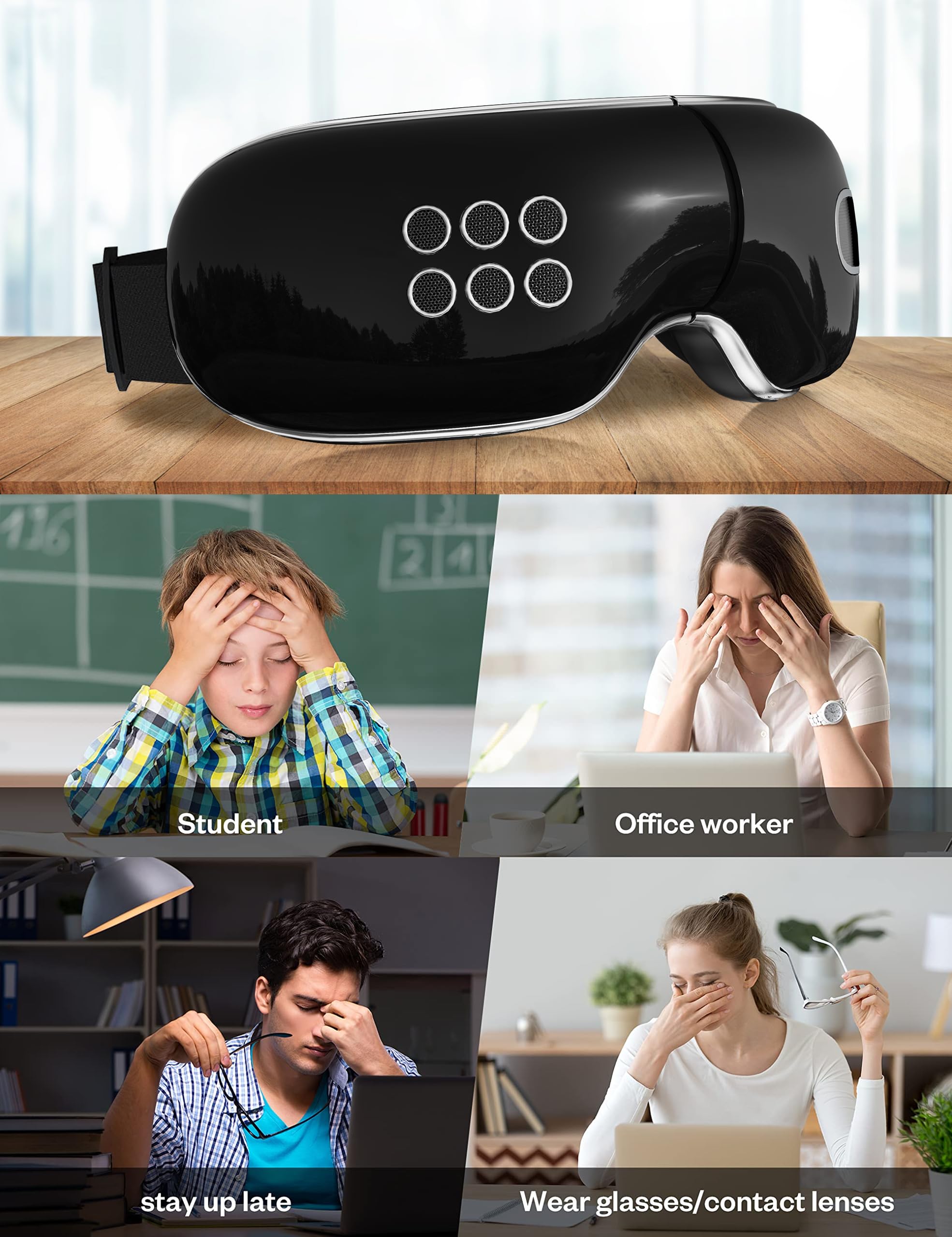 Fmlave Eye Massager with Heat and Cooling for Migraines, Dry Eyes, Dark Circles, Rechargeable Bluetooth Music Heated Eye Mask Massager Improve Sleeping - Great Gifts for Woman and Man (Black)