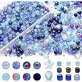 Rired 27 760pcs Assorted Crystal Bracelet Beads for Jewelry Making, 8 Types Glamour Blue Round Glass Beads with Star, Fish and Seed Beads for DIY Making