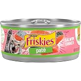 Purina Friskies Wet Cat Food Pate, Salmon Dinner, (24) 5.5 oz Cans | Moist cat food packed with salmon flavor, smooth easy-to-chew pate texture, made with no artificial colors or preservatives