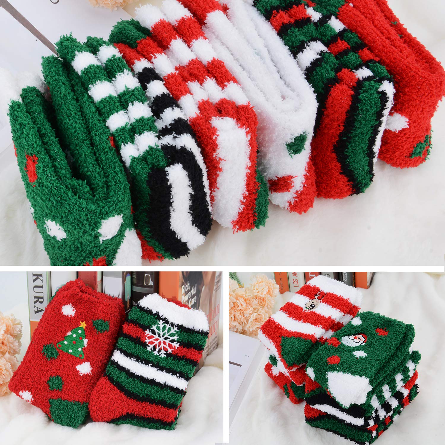 Christmas Fuzzy Socks,Kapmore 6 Pairs Cute Coral Fleece Warm Cozy Socks Holiday Slipper Socks XMAS Fluffy Crew Socks for Women Girls
