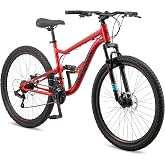 Mongoose Status Mountain Bike, 27.5 Inch Bike for Men and Women, 21 Speed, Aluminum Suspension Frame, Steel Rear Triangle, Dual Suspension, Knobby Mountain Tires, Mechanical Disc Brakes, Adult Bicycle