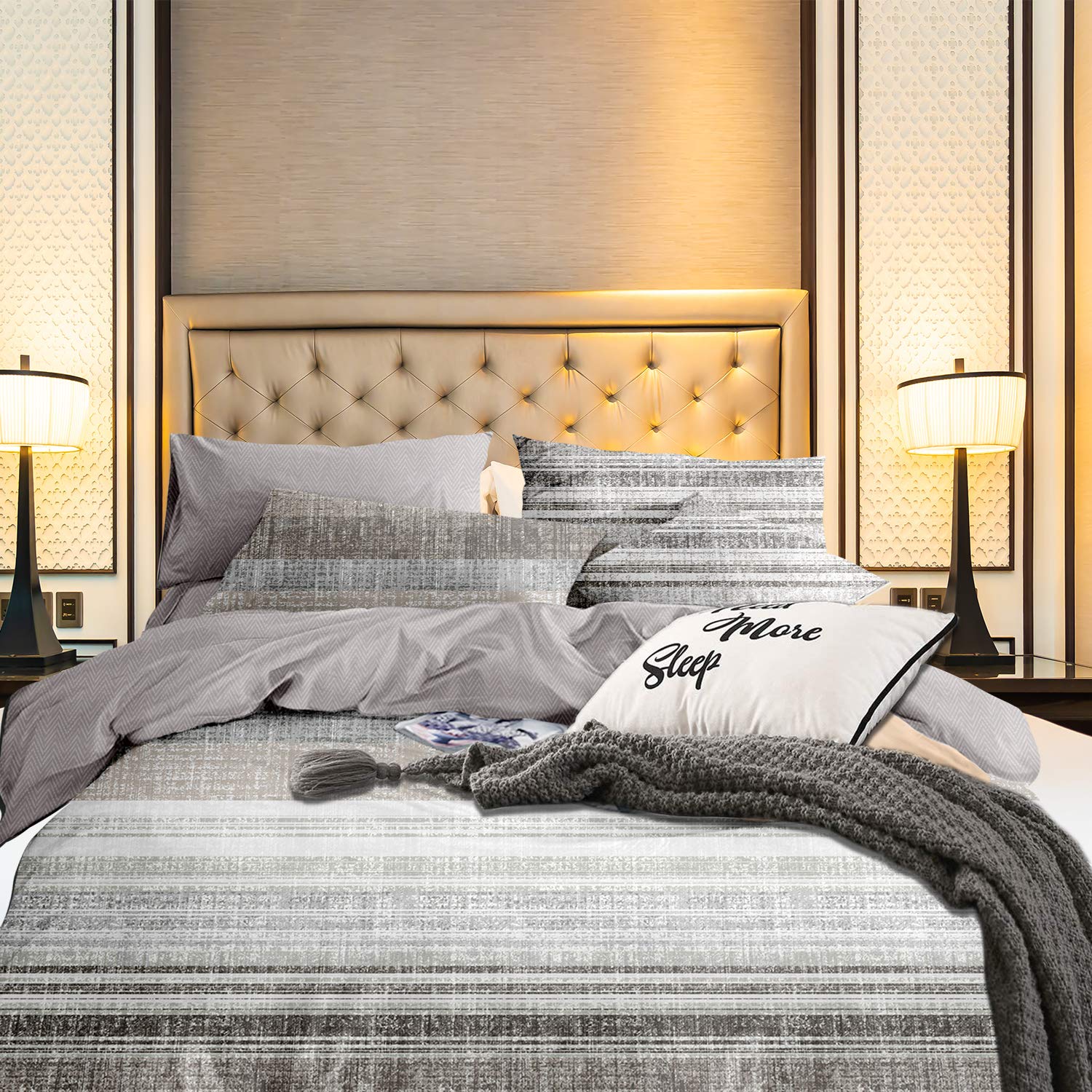 Trimming Shop Double Ultra Soft Bedding Microfiber Duvet Cover with Zipper Closure with 2 Matching Pillowcases - Hypoallergenic Machine Washable Duvet Cover Set (Grey with Strips)