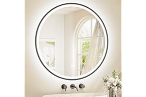 TETOTE 36 Inch Round LED Mirror for Bathroom, Frontlit & Backlit Black Circle Metal Framed LED Vanity Mirror, 3 Colors Illumi
