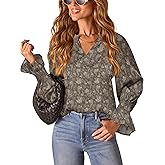 Ruisin Womens Boho Floral V-Neck Puff Sleeve Long Sleeve Blouse Casual Dressy Work Top