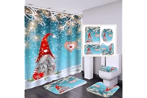 Cnayuep 4Pcs Merry Christmas Shower Curtain Set with Non-Slip Rugs, Toilet Lid Cover and Bath Mat, Xmas Winter Holiday Bathroom Decor with Hooks 72 x 72 Inches