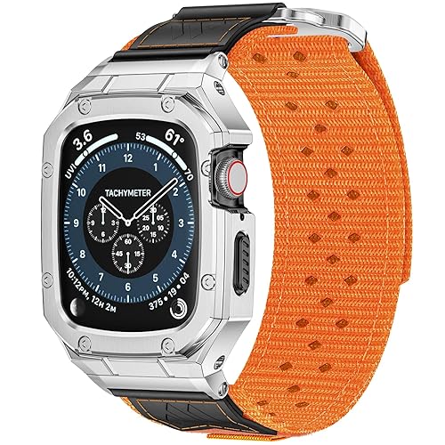 BAITEYOU Band with Case Compatible with Apple Watch Band 45mm Series 9 8 7, Nylon Strap with Stainless Steel Metal Rugged Case Cover for iwatch Bands for Men