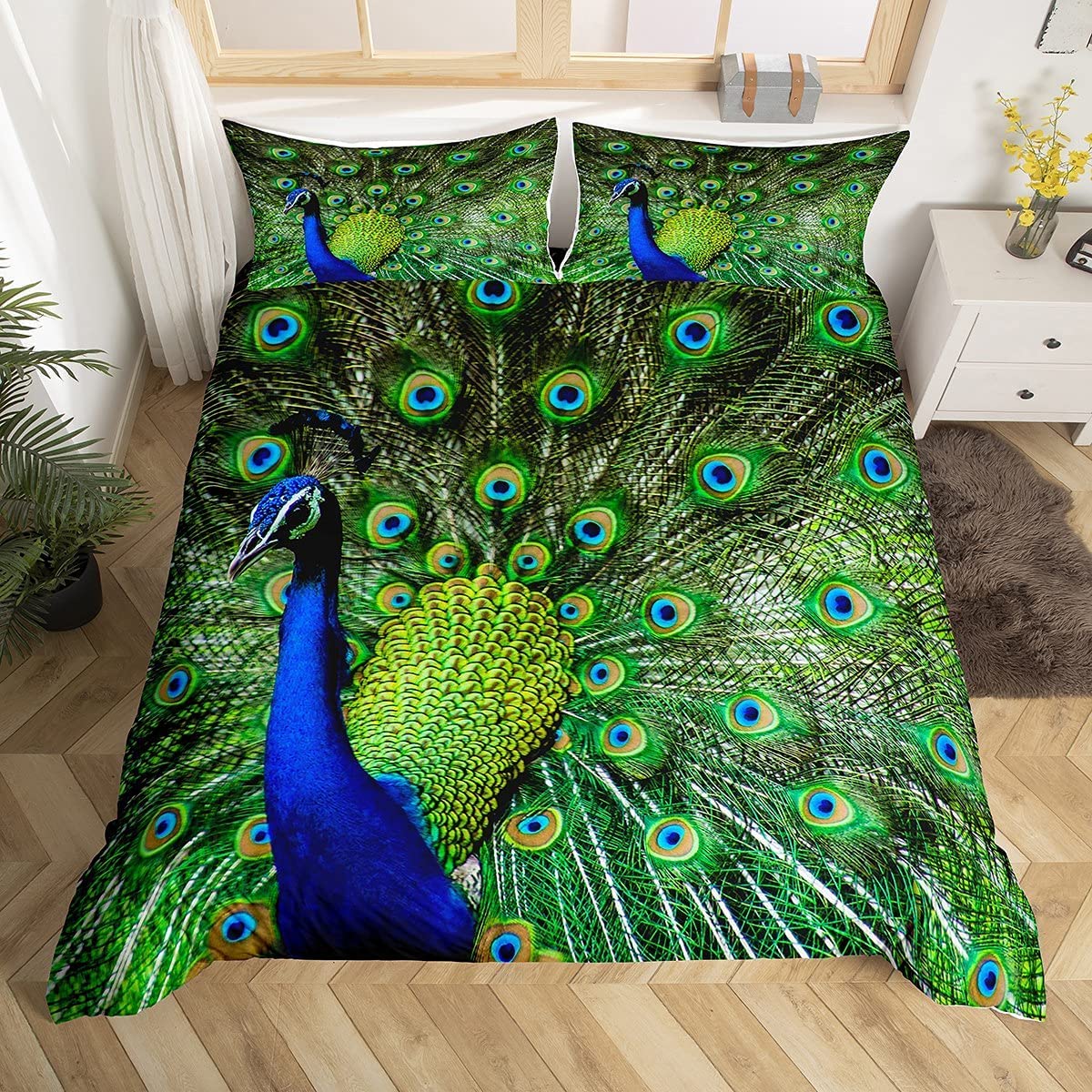 Peacock Duvet Cover Double Bedding &Linen Green Cute Animal Bedding Set Peacock Feather Decor Comforter Cover Set with Zipper Ties Adult Women Soft Bed Cover,1 Duvet Cover with 2 Pillow Cases