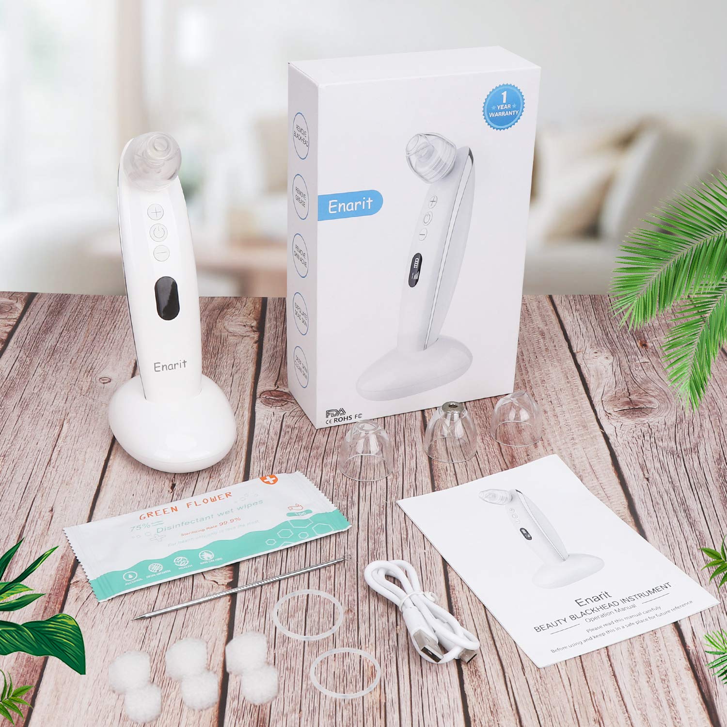 Blackhead Remover Pore Vacuum, Enarit Electric Blackhead Remover Vacuum with Base, Facial Blackhead Extractor Tool, USB and 4 different Suction Head Shape, LED Display 6 Level(White): Beauty