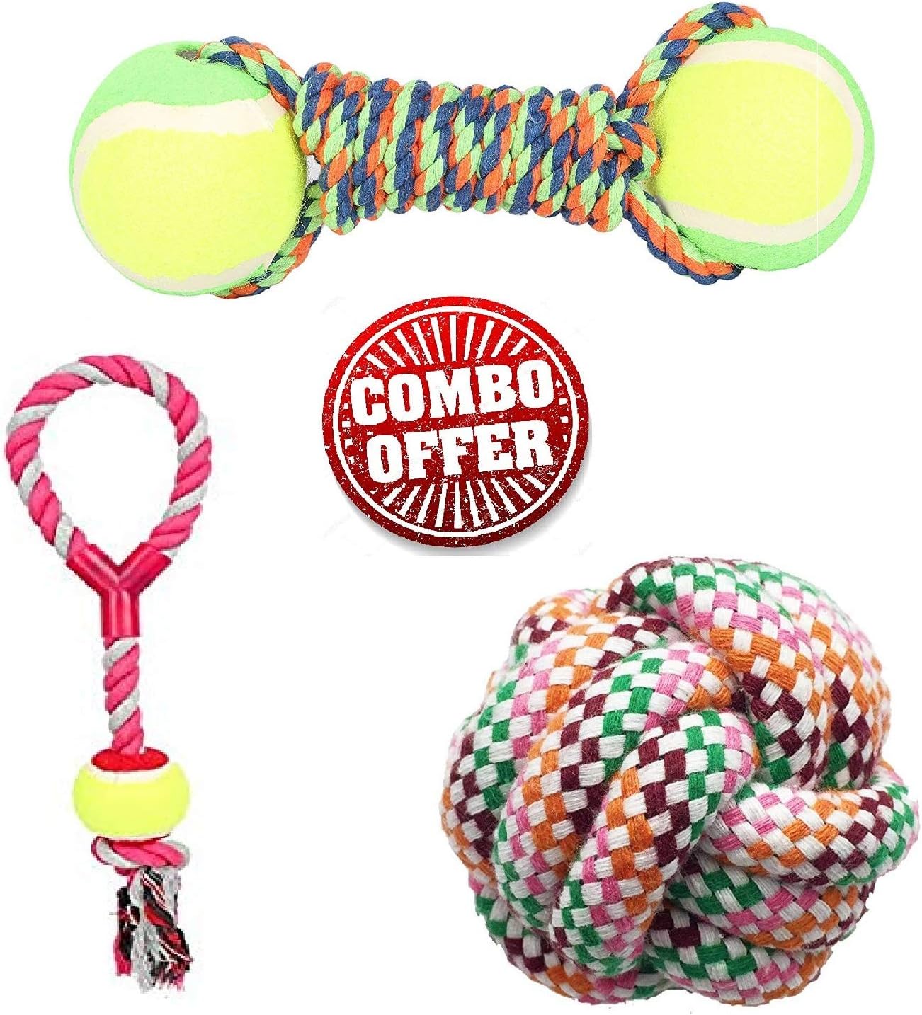 Emily Pets Strong & Durable Knotted Rope Toy with Tennis Ball for Small Dogs, Cats, Kitten - 100% Natural Cotton Rope Toy, Multi Color, Medium (Color May Very) Pack of 3