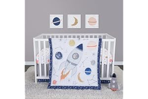 Sammy & Lou Cosmic Rocket 4-Piece Baby Nursery Crib Bedding Set for Boys, Includes Quilt, Fitted Crib Sheet, Crib Skirt, and Plush Toy