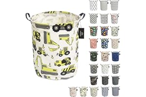 Collapsible Laundry Basket - GodenMoninG 62.8L Large Sized Round Waterproof Storage Bin with Handles,Home Decor,Toy Organizer,Children Nursery Hamper. (Engineering vehicle)