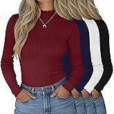 Neer 4 Pack Women's Mock Turtleneck Tops Cotton Long Sleeve Ribbed Lettuce Trim Shirts Slim Fit Casual Fall Basic Tees
