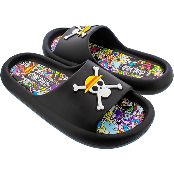 One Piece Slides Unisex Black Excellence Straw‎ Hat Pirates Jolly Roger size 10 Amazon.com: One Piece Boys Black Sliders | Red & Yellow  main image 3