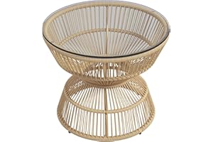 Outsunny Rattan Outdoor Coffee Table, Patio End Table, Round Side Table with Tempered Glass Tabletop & Steel Frame, Wicker Fu