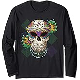 Mardi Gras Sugar Skull Distressed Beads Mask Costume Party Long Sleeve T-Shirt
