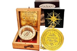 ALADEAN Brass Grandson's Divine Path Finder Compass - Engraved Quote, Wood Box, Uplifting Gift