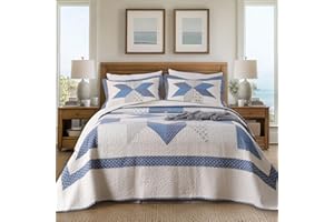 KASENTEX Authentic 100% Cotton Easy-Clean Decorative Bedspread with Floral Patchwork Quilt, Soft and Oversized Bedding Coverlet for Better Coverage, King 110x96 in, Diamond Motif Blue/Ivory
