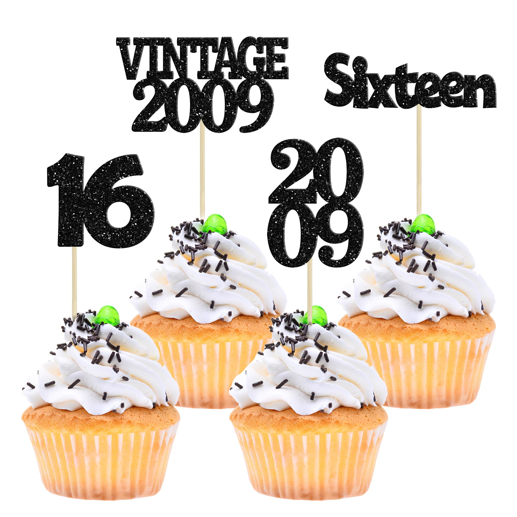 Gyufise 24Pcs 16th Birthday Cupcake Toppers Glitter Sixteen Vintage 2009 Sweet 16 Cupcake Picks Hello 16 Years Birthday Cake Decorations for Happy 16th Birthday Anniversary Party Supplies Black