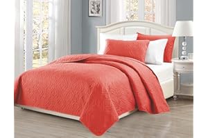 MK HOME Mk Collection King/California King Over Size 118"x106" 3pc Diamond Bedspread Bed-Cover Embossed Solid Coral New