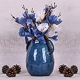 Blue Ceramic Vase with 2 Handles, Modern Rustic Farmhouse Pottery Vase, Decorative Terracotta Flower Vase for Blue Decor, Living Room, Table Centerpiece, Entryway, Kitchen, Dining Room Decoration