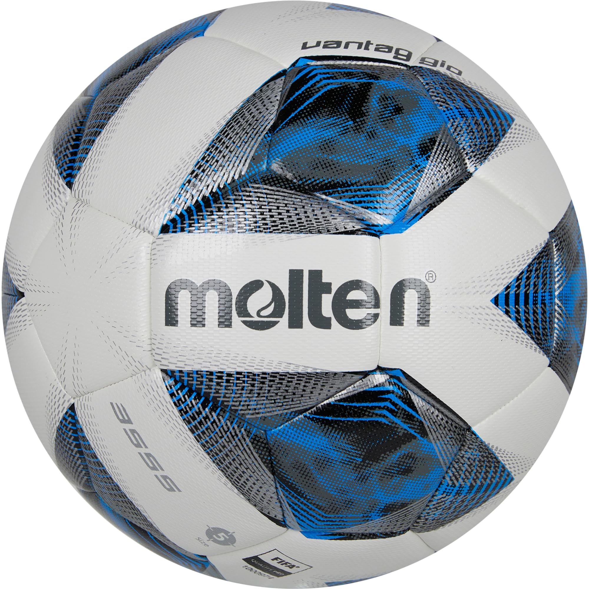 Molten Vantaggio 3555 Hybrid Bonded Football | FIFA Quality Pro Match Ball | Durable Textured PU Leather | Size 5 - For Boys and Girls Aged 14 plus & Adults | Hi-Vis Blue Flame Design