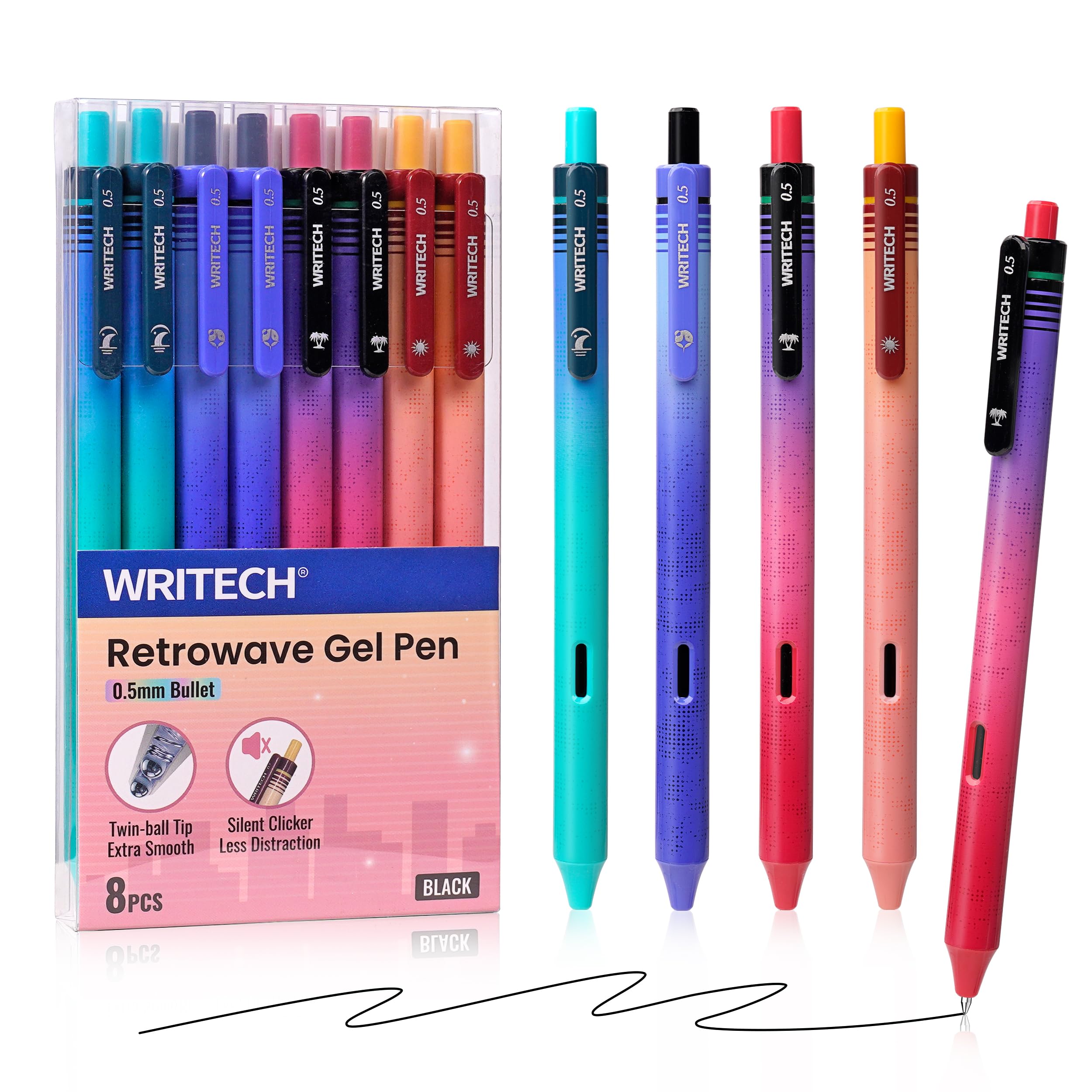 Photo 1 of WRITECH Black Ink Gel Pens: 8-Pack Retrowave 0.5mm Fine Point Pens - Smooth Writing Silent Clicker and Refillable Perfect for School Office & Everyday Use.