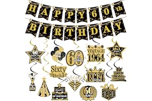Elomy 60th Birthday Party Decorations - 16PCS Vintage 60th Birthday Banner Decorations for Men Women Black Gold Happy 1964 Hanging Swirls Decorations Supplies Cheers to Sixty-Year-Old Birthday Party