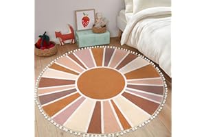 Topotdor Boho Round Area Rug 4ft Sun Rainbow Nursery Rugs for Kids Room, Washable Ultra Soft Circle Area Rug with Pom Poms, Non-Slip Accent Throw Rugs for Bedroom Entryway Living Room Decor