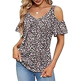 Micoson Cold Shoulder Tops for Women Summer Short Sleeve Shirts Ladies Floral Ruched Blouse Classic Cute V Neck Tunic