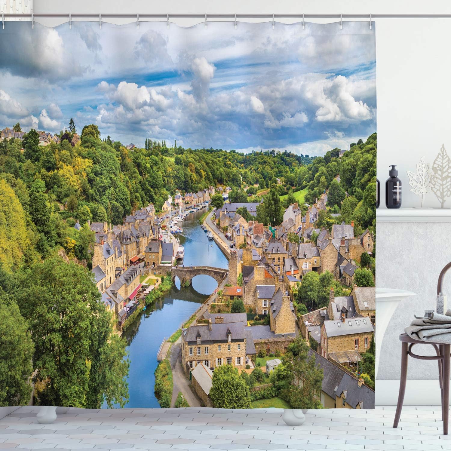 Ambesonne Wanderlust Shower Curtain, Clouds Over Town Dinan Rance River Northwestern France Landscape, Cloth Fabric Bathroom Decor Set with Hooks, 70" Long, Brown Green