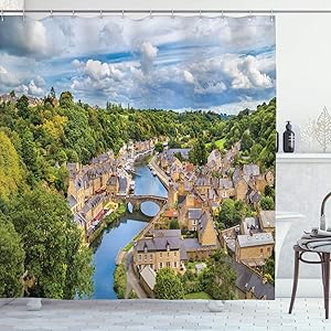 Ambesonne Wanderlust Shower Curtain, Clouds Over Town Dinan Rance River Northwestern France Landscape, Cloth Fabric Bathroom Decor Set with Hooks, 70" Long, Brown Green