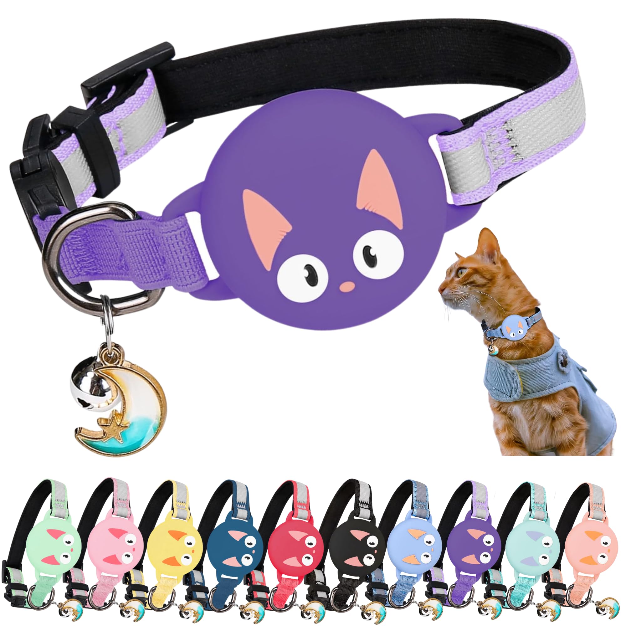 Kittytag Purple Reflective Airtag Cat Collar With Air Tag Holder And Bell, Quick Release, Compatible With Airtag And Iphone, Safe, Adjustable, And Anti-choke Apple Airtag Holder For Cats