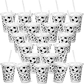 Domensi 20 Pieces Soccer Plastic Cups with Lid and Straw Reusable Tumbler Party Plastic Cups 16 oz Party Supplies Favors for Game Sport Birthday