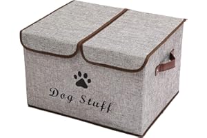 Geyecete Large Storage Boxes - Large Linen Fabric Foldable Storage Cubes Bin Box Containers with Lid and Handles for Dog Apparel & Accessories, Dog Coats, Dog Toys, Dog Clothing(Grey)