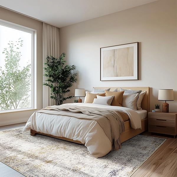 6X9 MODERN ABSTRACT AREA RUGS WASHABLE LIVING ROOM RUG NON-SLIP SOFT CARPET 0.25″ THIN INDOOR FLOOR NON-SHEDDING RUGS FOR BEDROOM, DINING ROOM, FARMHOUSE, NURSERY HOME, OFFICE, BEIGE